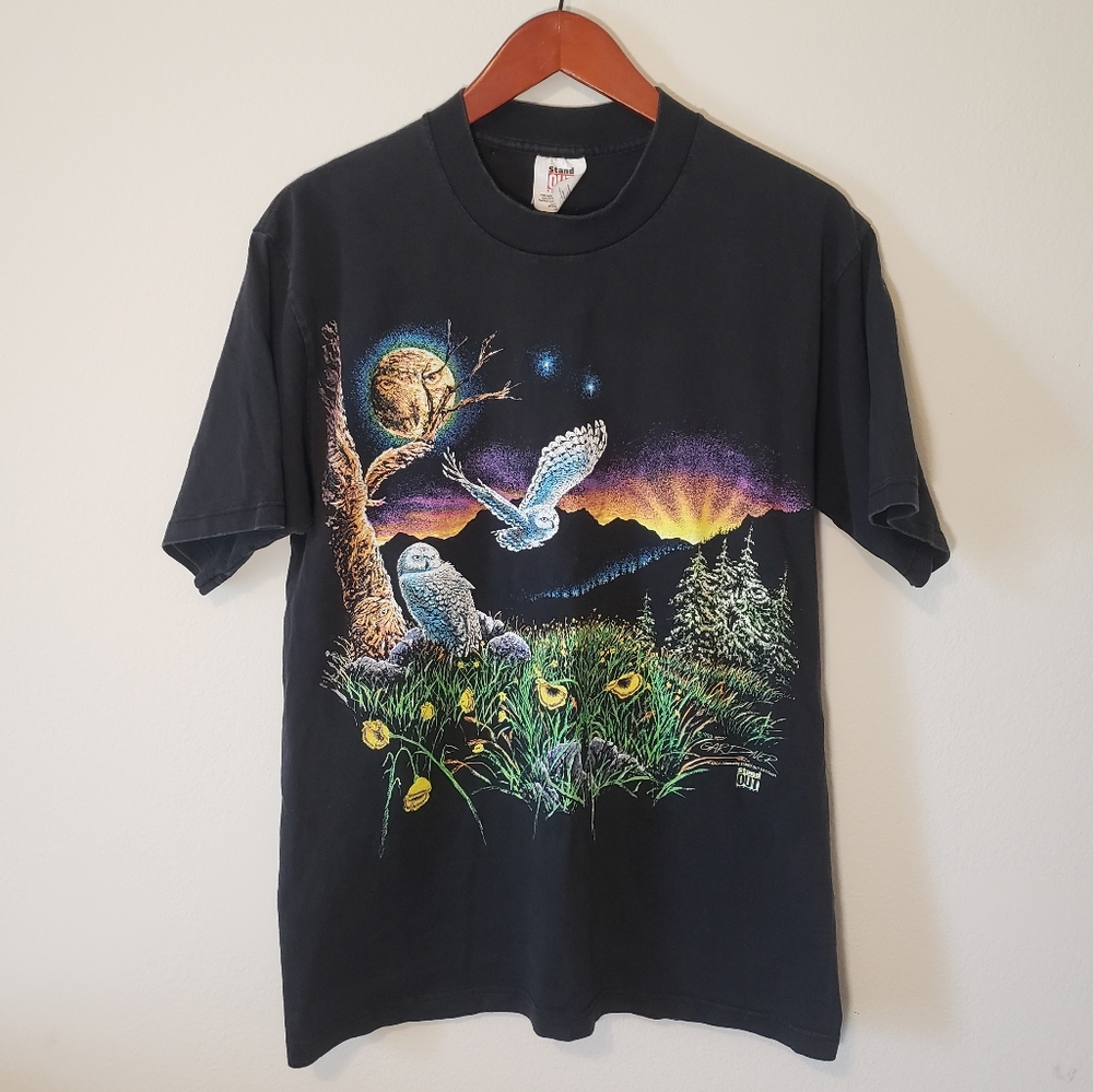 VTG 90s David Gardner Owls Nature Print Hidden Eyes Art T Shirt